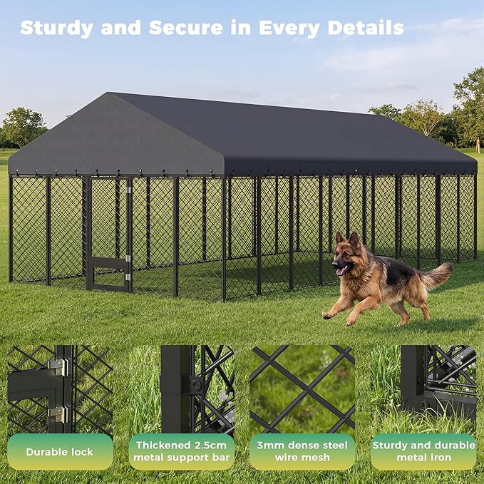 10x20×6.4 FT Heavy Duty Dog Kennel Outdoor with Secure Double Locks and Waterproof & UV Resistant Roof Cover,All Weather Resistant Anti-Rust Metal Enclosure for Large Dogs