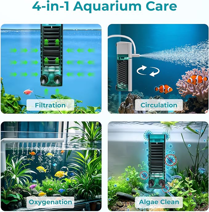 Small Aquarium Filter, 5W Internal Filter for 10-20 Gallon Fish Tanks | 110GPH F.Max, Quiet 30 dB, Aeration or Rainfall Mode, Adjustable Water Flow, Sponge & Filter Balls, Fits 10-20 Gallon Tanks