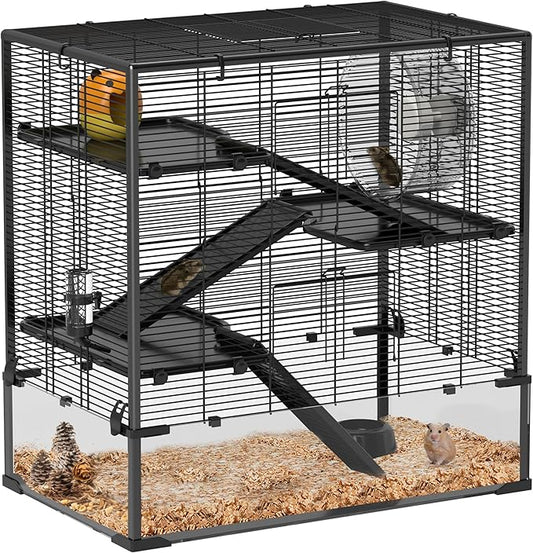 PawHut Large Hamster Cage with 9" Deep Tempered Glass Bottom, 4 Tiers Hamster Tank with Running Wheel, Hut, Water Bottle, Dish, Rat Cage for Syrian, Dwarf, Gerbils, Mouse, 31" x 19" x 31.5", Black