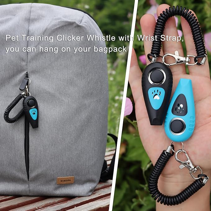 Pet Training Clicker with Whistle and Wrist Strap - Dog Training Clickers Whistles (Black + Blue)