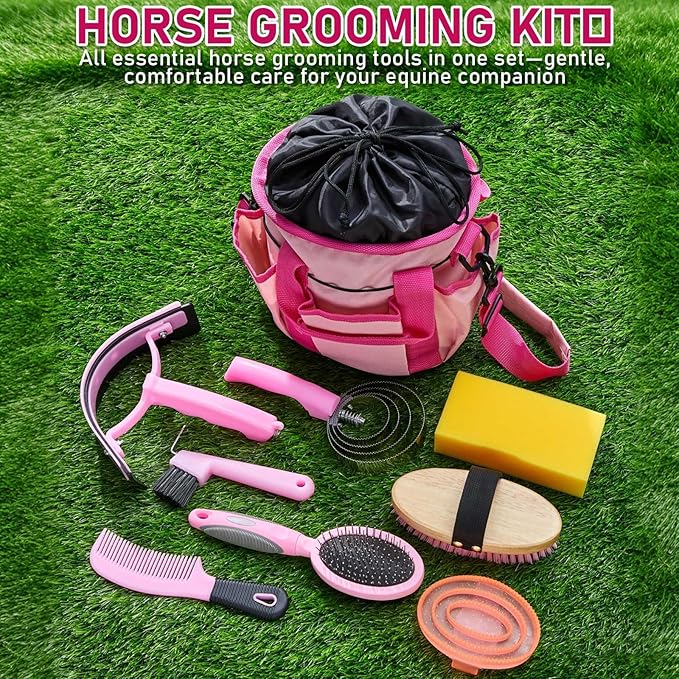 Cunhill 9 Pcs Horse Grooming Kit Tack Room Supplies Set with Tote Bag, Oval Massage Curry, Hard and Soft Brush, Hoof Pick, Sweat Scraper, Bathing Sponge, Comb for Horse Rider(Classic,Pink)