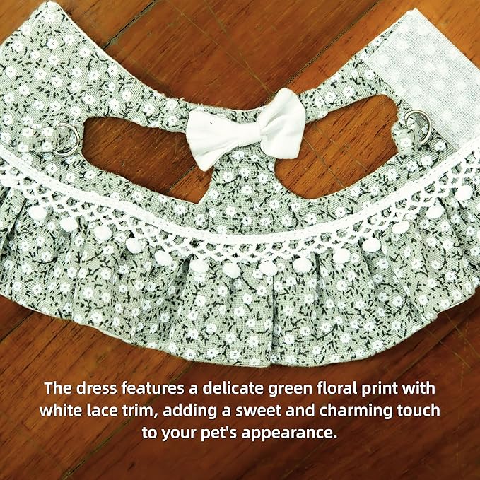 SMOLKITH Rabbit Clothes - Bunny Adjustable Green Floral Dress with Leash, Small Animal Apparel for Walking - Fits Guinea Pigs, Chinchillas, Meerkats, Prairie Dogs, Pet Rats and More