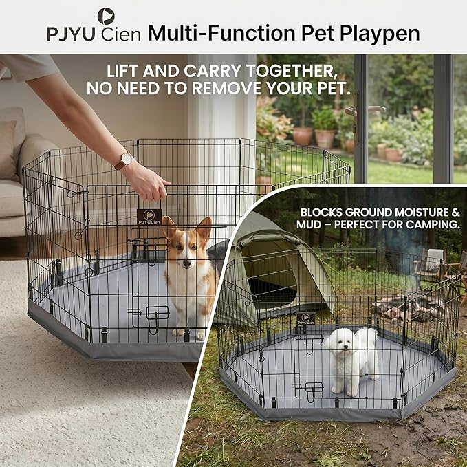 PJYuCien Dog Playpen with Bottom Pad - Metal Foldable Exercise Pen, 8 Panels 30" H x 24" W Indoor Outdoor Pet Fence Puppy Crate Kennel, Gray
