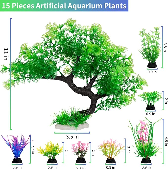 MyLifeUNIT Fish Tank Decorations, 15 Pack Artificial Aquarium Plants Tree Set for Fish Tank Decor (Green Set)