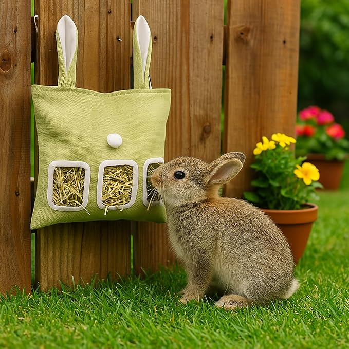 Cute Hanging Rabbit Hay Feeder Bag, Guinea Pig Hay Bag, Bunny Feeders Holder Storage For Small Pets Bunnies Chinchilla Hamster Rats, Guinea Pig Accessories For Cage, Bunny Accessories For Cage (Green)