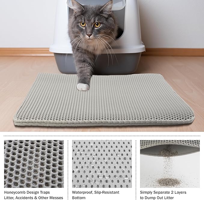 Cat Litter Mat - 30x24-Inch Waterproof Litter Box Mat with Dual-Layer Honeycomb Design for Trapping Litter - Slip-Resistant Cat Mat by PETMAKER (Gray)