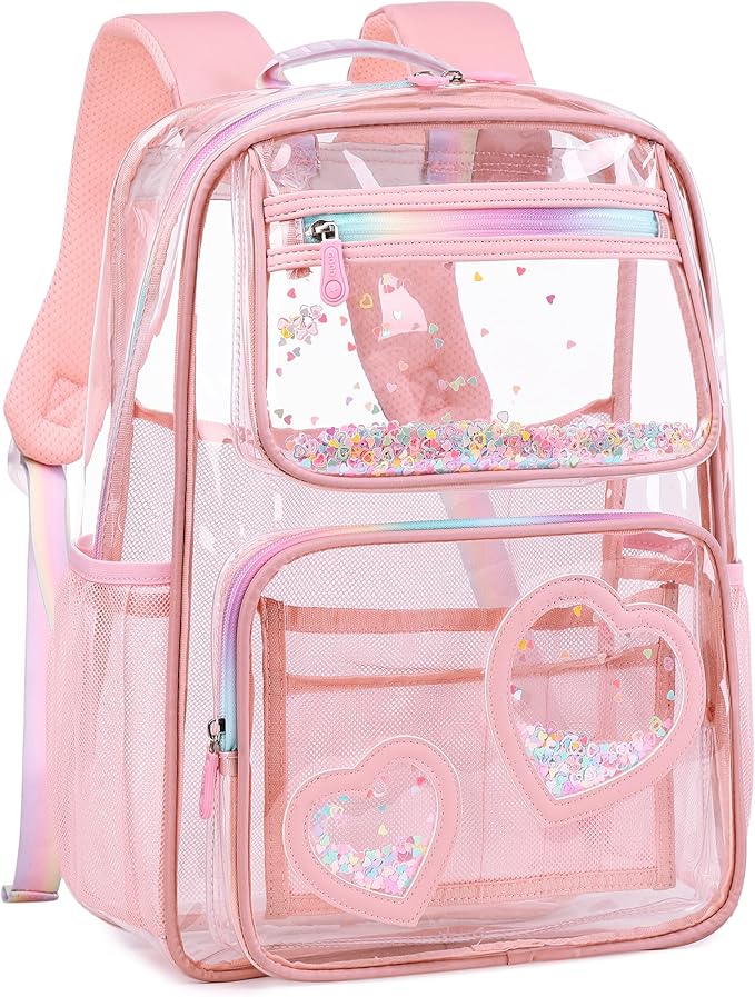 Clear Backpack for Girls,Clear Bookbag Heavy Duty Transparent Backpacks for Stadium Events, See Through Back Pack for Kindergarten Elementary Middle High School (Pink)