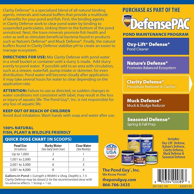 The Pond Guy Clarity Defense Water Garden Flocculant, 3 lbs | Clear Cloudy Water, Stimulate beneficial bacteria growth and is fish, plant & animal safe for cleaner, clearer ponds