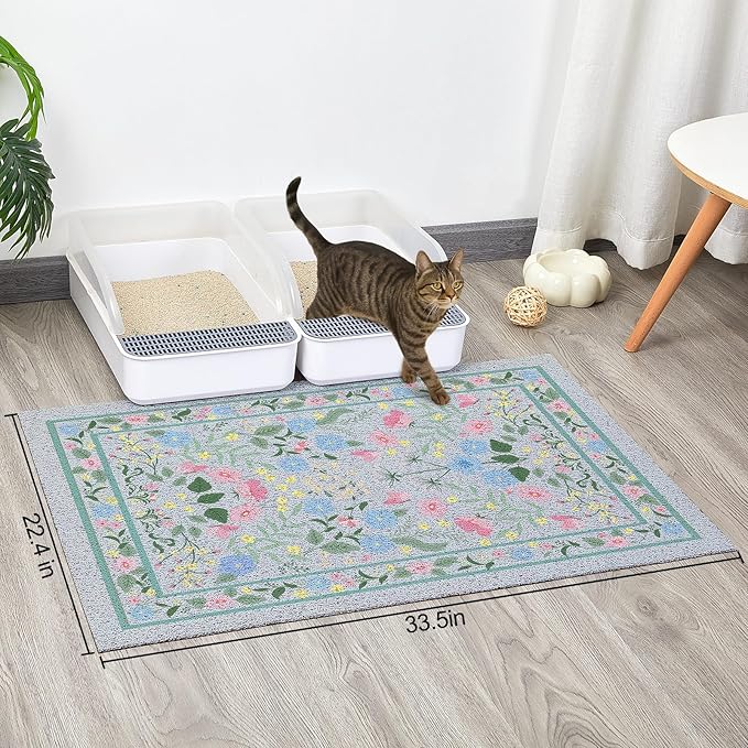 Glittme Cat Litter Mat with Non-Slip Bottom Litter Box Mat 33"X22" Litter Trapping Mat Easy to Clean Washable Cat Food Mat for Kitty,L