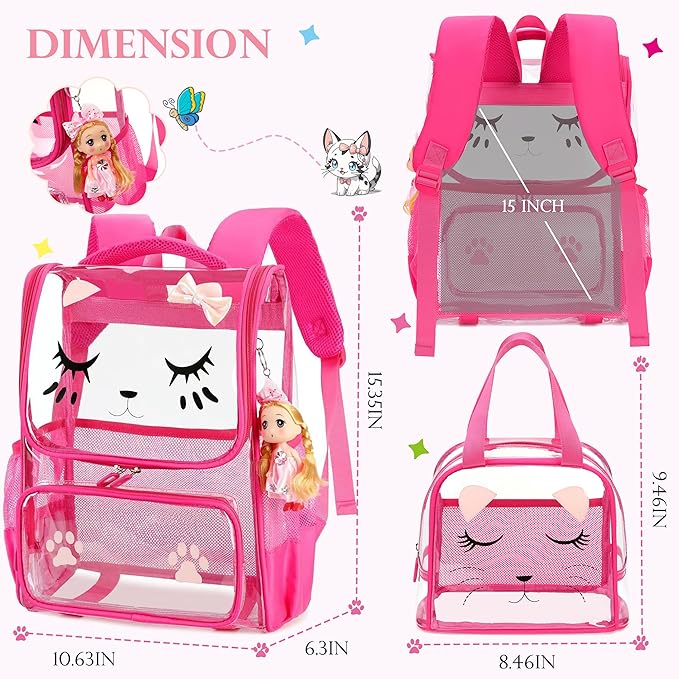 AO ALI VICTORY clear backpack Girls with Tote Bag Heavy Duty PVC Transparent Cute Backpack for Kids Toddler Preschool Bookbags Elementary School Bags See Through Casual Travel Daypack, Rose Red Set
