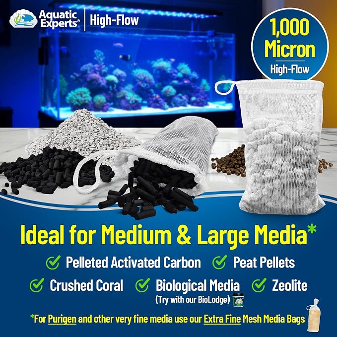 Aquatic Experts High Flow Filter Media Bag - Durable Filter Bags for Fish Tank, Secure Aquarium Media Bag with Drawstring, Media Bags for Aquarium and Pond, High Flow (White), 3” x 8” - 4 Pack