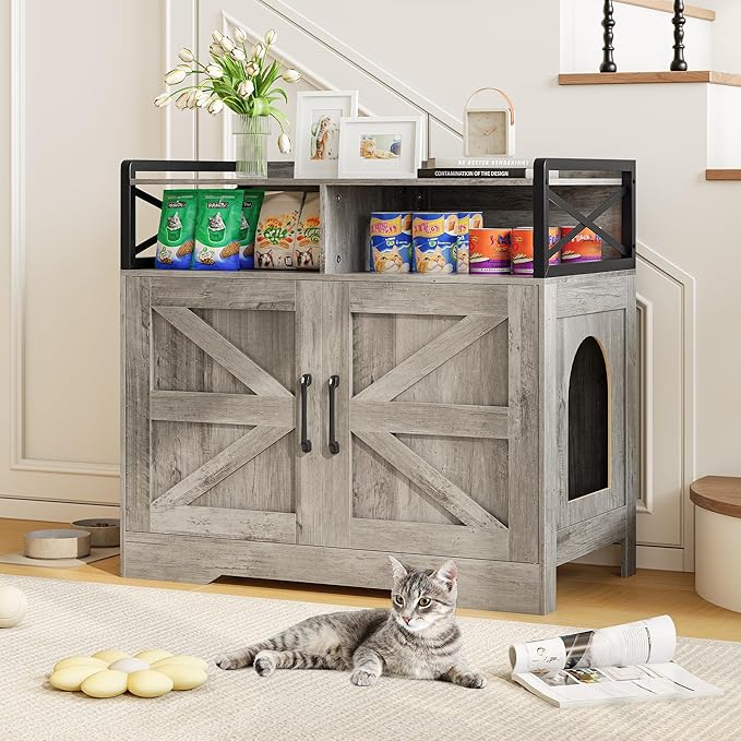 OtterOasis Cat Litter Box Enclosure, Ultra-Large Hidden Litter Box Furniture with Top Opening, Anti-Tipping Fence and 2 Open Drawers, Litter Box Cabinet End Table, Grey
