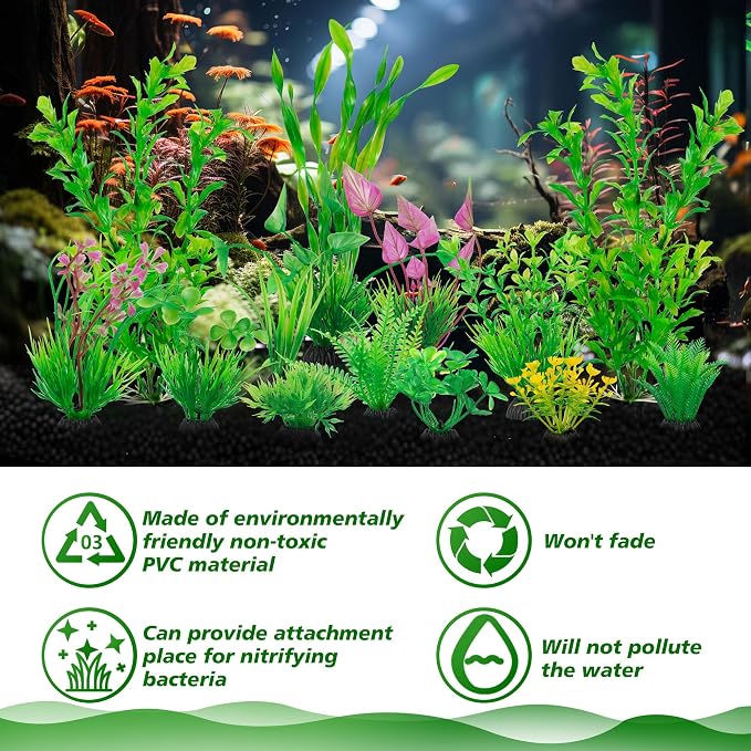 Ameliade 14 PCS Soft Plastic Aquarium Plants Green Fish Tank Decor Set | Aquarium Decorations and Accessories, Small Fish Bowl Artificial Safe Ornaments for Betta Goldfish and Turtle