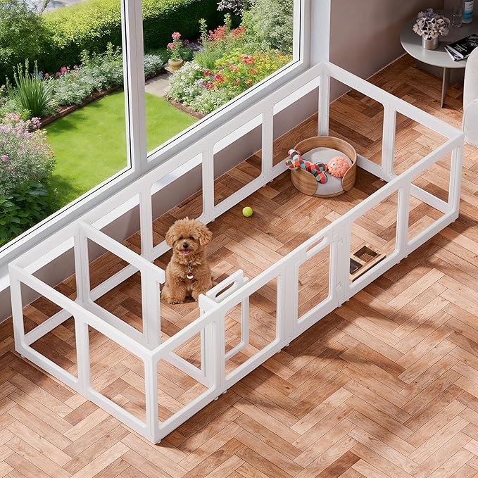 Transparent Indoor Dog Playpen with Safety Lock, Indoor Dog Fence for Small & Medium Pets | Secure, Stylish, Easy Clean Play Pen for Dogs & Pets with Scratch Resistant Panels (White, 16 Panels)