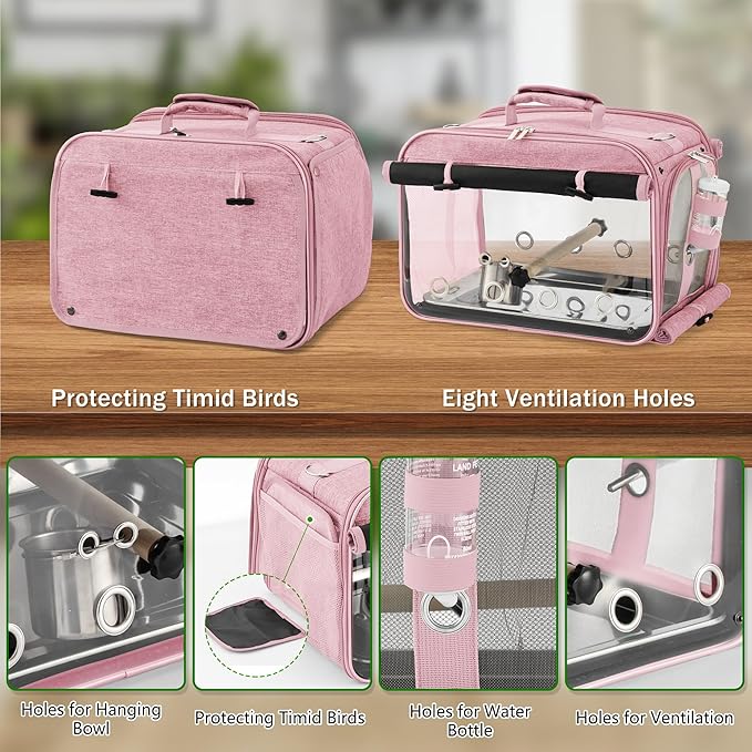 Bird Carrier Airline Approved, Bird Travel Cage with Indestructible Stainless Steel Mesh, Bird Travel Bag Lightweight and Portable with Water Bottle and Bowl