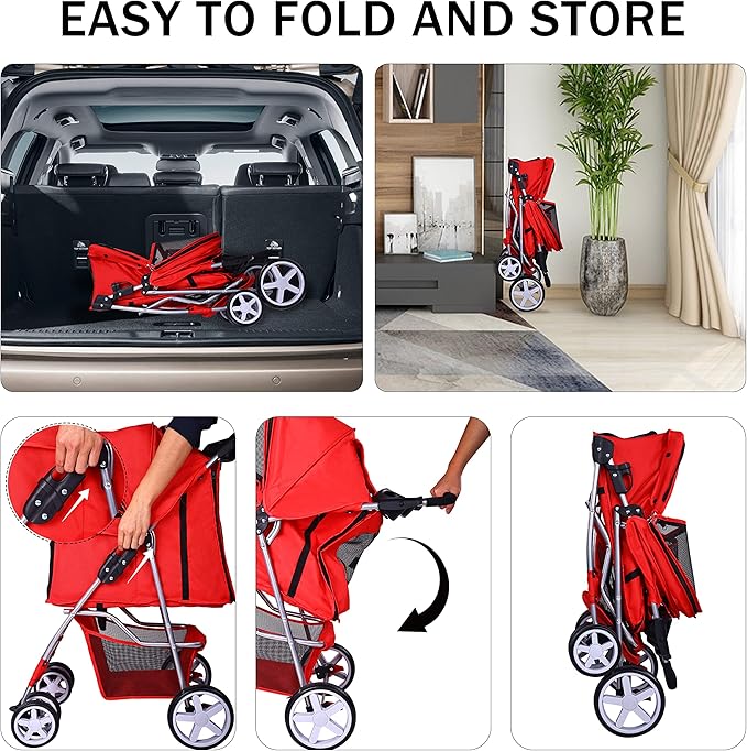 Elevon Pet Stroller, 4 Wheels Multifunction Dog Cat Stroller, Folding Portable Travel Stroller with Detachable Carrier, Suitable for Medium Small Dogs Cats, Red