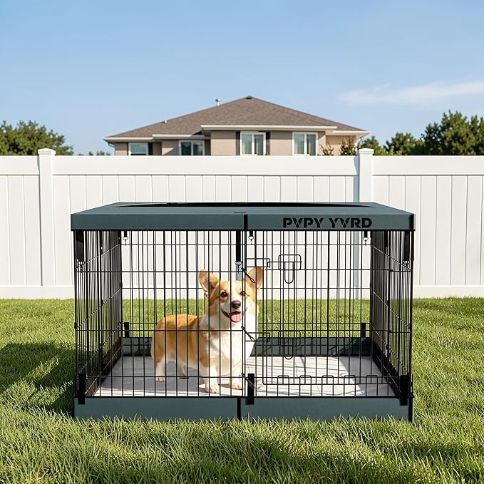 Dog Playpen with Top Cover and Bottom Pad - Foldable Metal Puppy Play Pen,24x30in 8 Panels Dog Playpen with Door for Indoor Outdoor,Heavy-Duty Pet Exercise Fence for Small Medium Animals