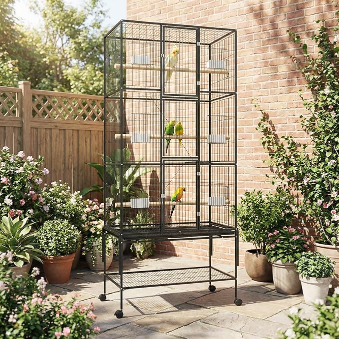 69-Inch Large Bird Cages with Stand, 3-Tier Tall Bird Cage with Ramps, Storage Shelf and Feed Bowls – Rolling Parrot Cage for Parakeets, Cockatiels, Conures, Budgies & Finches