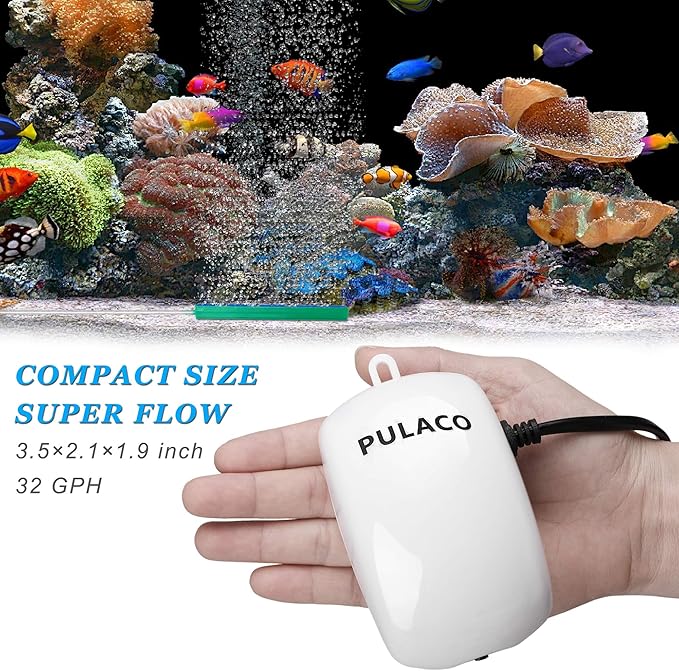 PULACO Ultra Quiet Mini Aquarium Fish Tank Air Pump for 1-20 Gallon Fish Bowl with Air Tube Air Bubbler Stone Check Valve