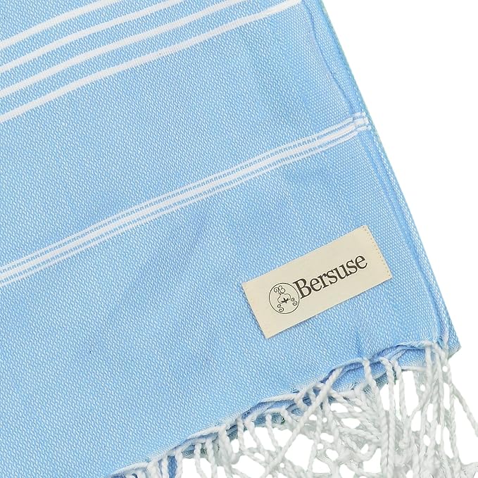 Bersuse Towels Anatolia XL Beach Blanket Throw Blanket Turkish Towel 100% Cotton Extra-Large Quick-Dry Lightweight Premium Peshtemal Towel - 61x82 Inches, Blue (Set of 6)