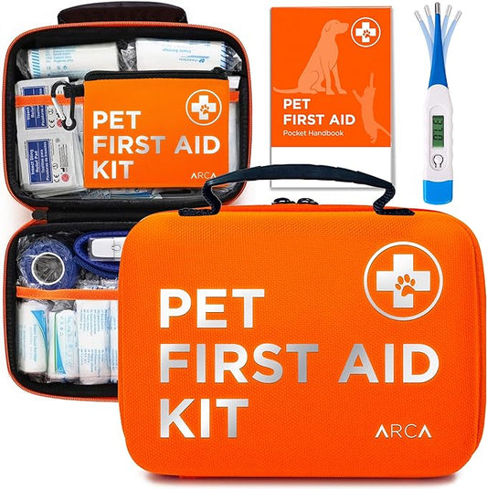 ARCA PET Cat & Dog First Aid Kit for Car - Pet Emergency Kit for Home Office Travel – Dog Camping Essentials with Digital Thermometer, Muzzle & Mini First Aid Pouch