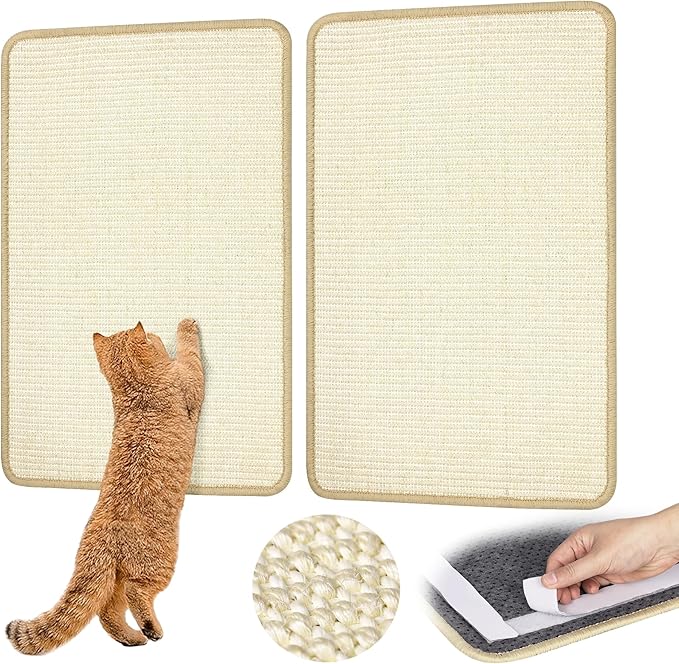 Graciadeco White Cat Scratching Mat Sisal, 2 Packs Sisal Fabric Large Cat Scratching Pad for Indoor Cats with Adhesive Hook Loop Tape, Wall Scratchers for Indoor Cats 23.6" x 15.7"