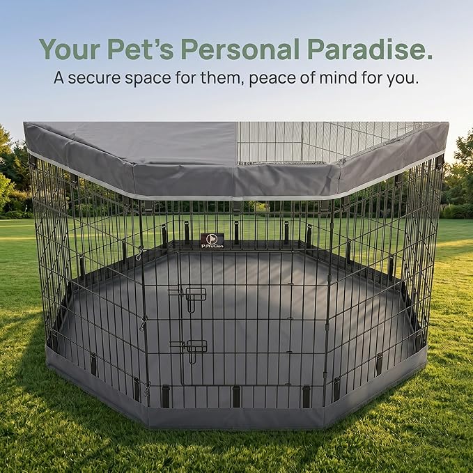PJYuCien Dog Playpen with Top Cover and Bottom Pad - Metal Foldable Exercise Pen, 8 Panels 42" H x 24" W Indoor Outdoor Pet Fence Puppy Crate Kennel, Gray