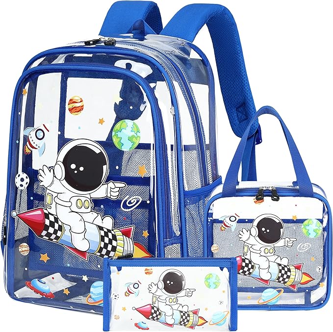AO ALI VICTORY Clear Backpack for Boys Girls,15.6 Inch Kids Backpack Set with Lunch Bag Pencil Case PVC Elementary Bookbag for School Students See Through Transparent Travel Back Pack,Blue Astronaut