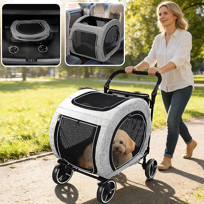 Saudism Pet Stroller for Dogs Cats up to 50 lbs, Foldable Dog Stroller with 360° Swivel Wheels, Detachable Carrier, Adjustable Handle, Travel Dog Stroller for Small Medium Large Pets, Gray