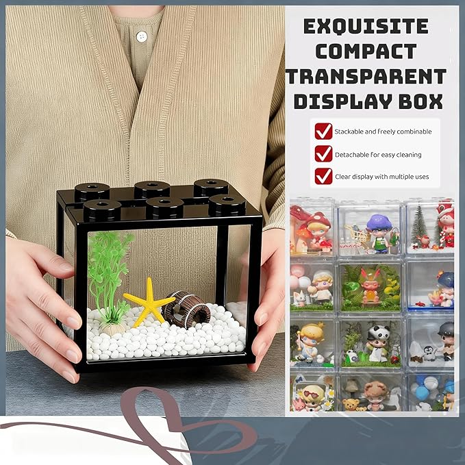 Small Betta Fish Tank, Stackable Mini Fish Tank Tiny Aquarium Kit with Aquarium Gravel & Resin Decorations, 0.6 Gallon Cube Desktop Fishbowl for Snails, Crabs, Starfish (Black)