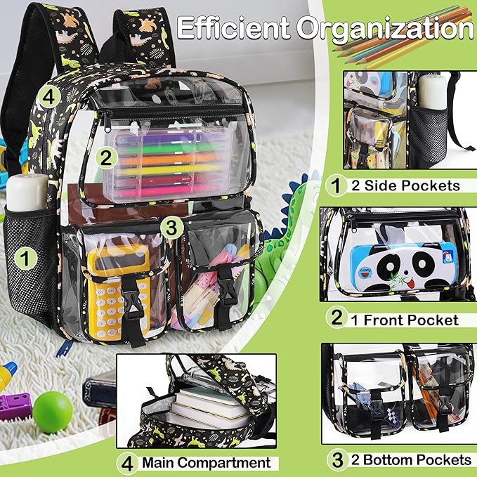Clear Backpack for Boys, School Kids Heavy Duty See Through Bookbag Dinosaur Transparent Backpacks with Thicker Straps