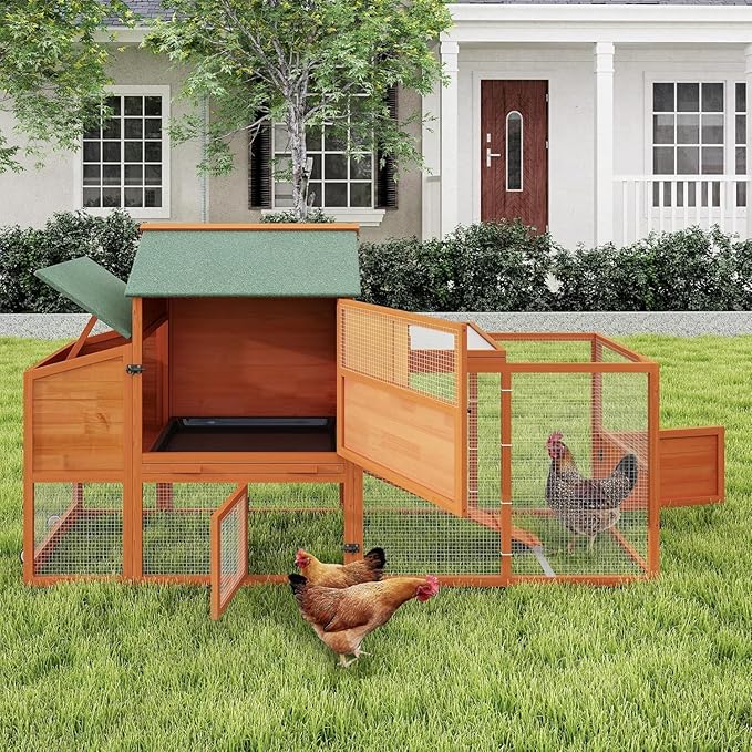 COZIWOW 82" Large Wooden Chicken Coop, Outdoor Rabbit Hutch with Wheels, Sunshine Board, Asphalt Roof, Ramp, Openable Top, Door, Window, Pull-Out Tray, Indoor Bunny Cage (Orange with Pattern)
