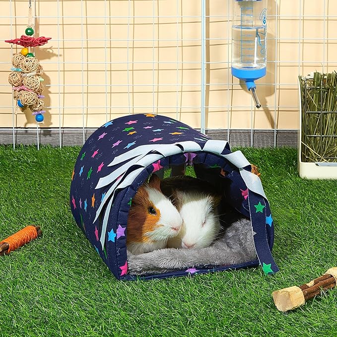 Glittme Guinea Pig Hideout with Curtain and Tunnel - Soft Bed with Cushion - Suitable for Guinea Pig, Hamster, Chinchilla, Bunny - Blue Stars