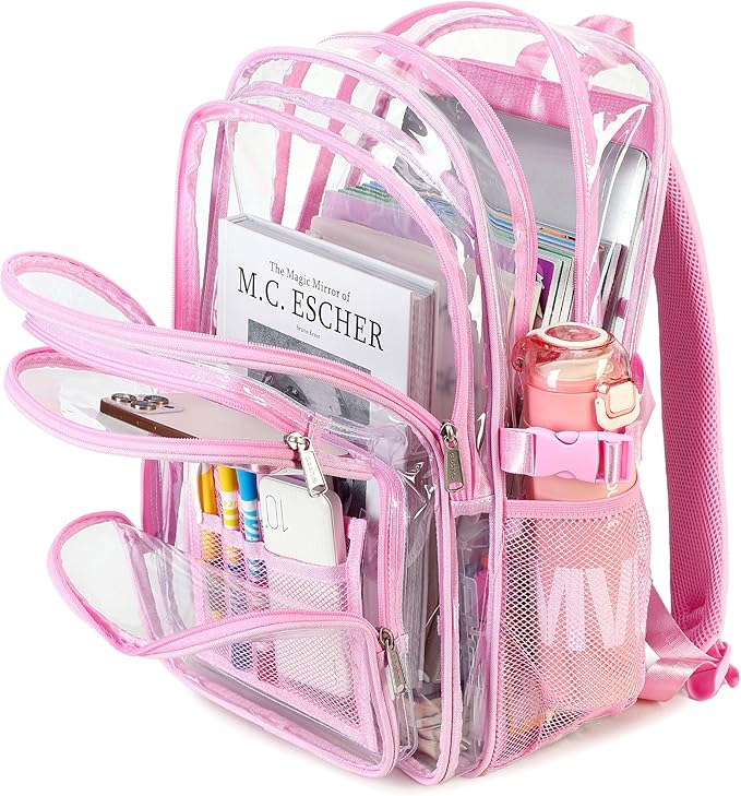 abshoo Large Heavy Duty Girls Clear Backpack for School Bookbag Transparent Multi Pocket Backpacks for Women (Pink)