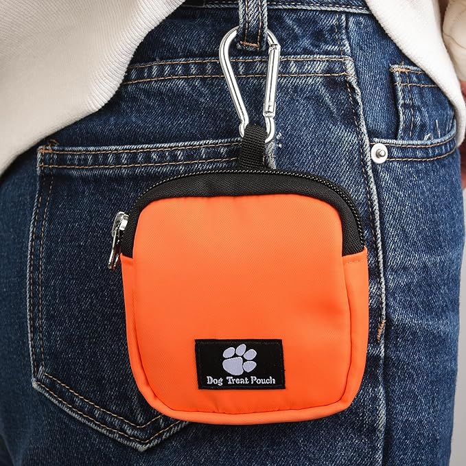 2 Pack Small Dog Treat Carrier Pouch for Leash Dog Training Reward Pouch Snack Bait Bag Puppy Walking Treat Poop Bag Holder, Black & Orange