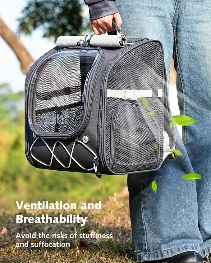 Pecute Small Pet Carrier, Breathable Small Animal Carrier with Transparent Bubble & Steel Frame, Safety Lock for Hamster, Rabbit, Bearded Dragon, Guinea Pig, Parrot, Ideal for Hiking, Vet Visits, Gray