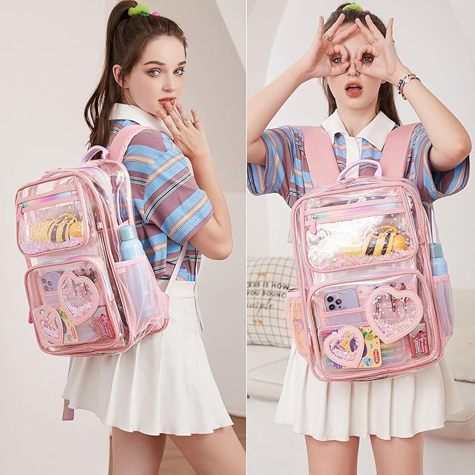Clear Backpack for Girls,Clear Bookbag Heavy Duty Transparent Backpacks for Stadium Events, See Through Back Pack for Kindergarten Elementary Middle High School (Pink)
