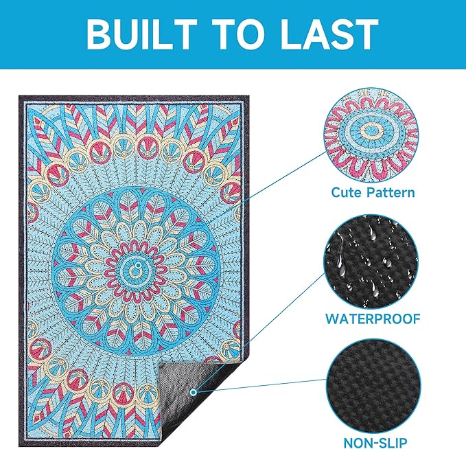 Cat Litter Mat, 35" x 23" Litter Box mat, Traps 100% Litter, Non-Slip Kitty Litter Trapping mats, Large Cute Litter mat, Easy Clean for Scatter Control, Bohe cat Food mat, Urine Waterproof