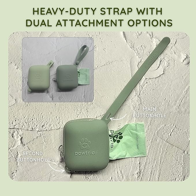 Pawtria Walk Duo Set: Certified Home Compostable Dog Poop Bags (120) + Premium Silicone Dog Poop Bag Dispenser (3.25"H X 2.75"L), BPA-Free, Leak-Proof, Light, Durable, Supports Rescue Dogs