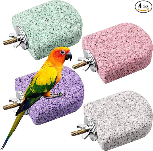 4 Pack Bird Beak Grinding Stone, Pumice Lava Ledge for Birds, Chinchillas, Hamsters, Parrots, Bird Perch Stand Climbing Ledge, Teeth & Beak Grinding Block (Short)