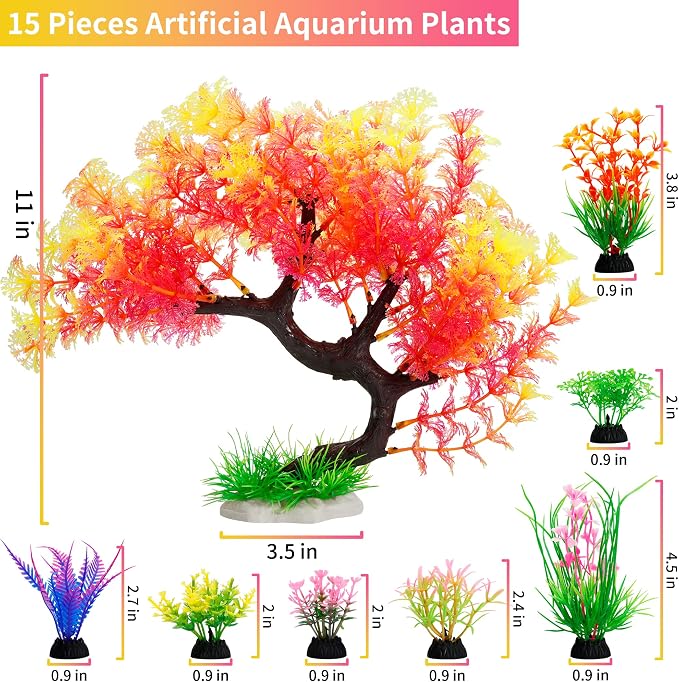 MyLifeUNIT Fish Tank Decorations, 15 Pack Artificial Aquarium Plants Tree Set for Fish Tank Decor (Pink Set)