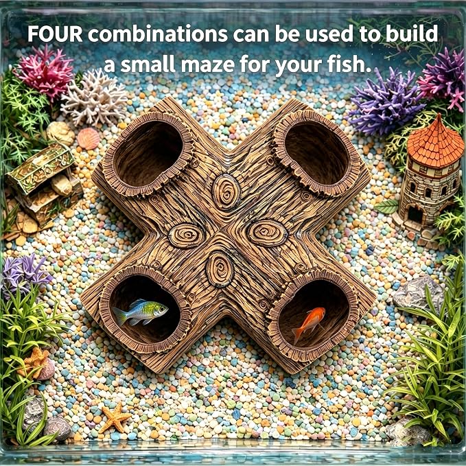 Corner Fish Cave Viewing Tunnel, Realistic Driftwood Stump Hideout for Betta, Shrimp, Corydoras – BPA-Free Aquarium Safe Resin Decoration (5.1”x5.1”x2.8”)