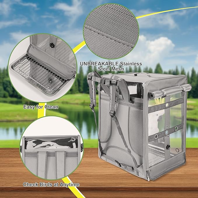 Bird Carrier Travel Cage, Cockatoo Carrier, Parrot Travel Backpack with Unbreakable Stainless Steel Mesh, Perch, Water Bottle and Food Bowl, X-Large Grey