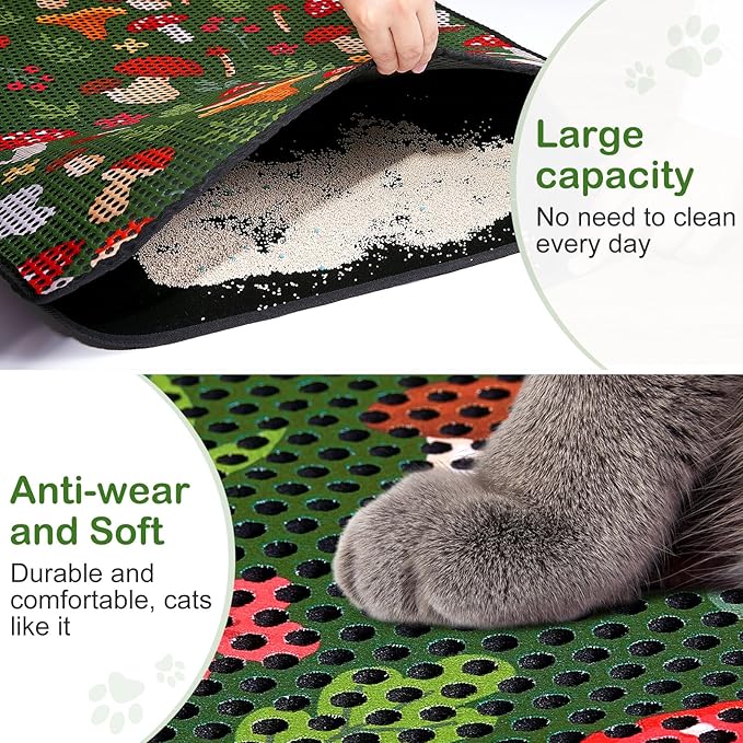 Bienbee Cat Litter Mat, 46"x27" Jumbo Litter Mat Double Layer Litter Trapping Mat,Reduces Tracking and Keeps Floors Clean, Jungle Mushroom XL