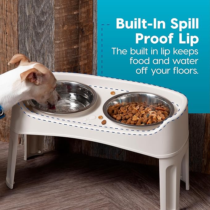 IRIS USA Elevated Dog Bowls Adjustable Stand, Raised Feeding Station with 2 Stainless Steel 64 oz Bowls, Spill Guard, Dual Height 12.25" or 4.63", Made in USA, Almond