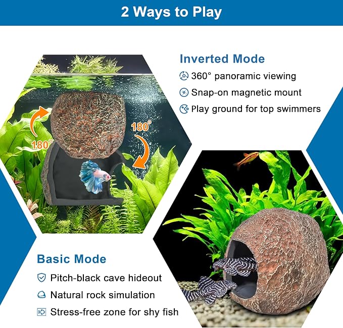 Magnetic Rock Aquarium Cave, Betta Fish Hideout & Fish Tank Decor | Fits glass or acrylic up to 0.5 in, dark interior hiding spot for shy pleco, cichlid, small fish and geckos, wipes clean