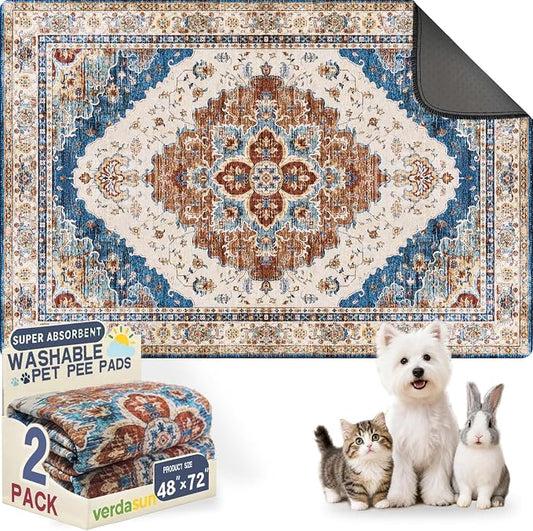 Washable Pee Pads for Dogs, Reusable Puppy Potty Training Pads, Ultra-Absorbent Thick Waterproof Leak-Proof Non-Slip Pads & Mat for Crate, Playpen, Floor, Whelping & Housebreaking , 2 Pack 48"x72"