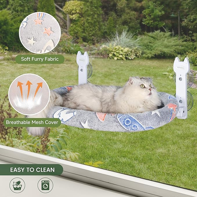 HiPetpy Cat Window Perch, Glow in The Dark Foldable Cat Hammock with Cozy Pad Bed, Breathable Cordless Window Seat with Stud Metal Frame for Large Cats and Kitten (Cushion Bed, 1 Pack - M)