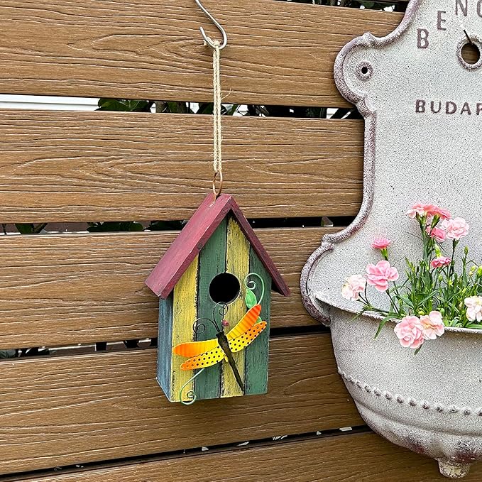 Wood Bird Houses for Outside, Hanging Bluebird House Nest Box Garden Patio Outdoor Decorative Bird Houses Vintage Rustic Wooden Birdhouse Bird Box Home for Finch Wren Chickadee Cardinals (Dragonfly)
