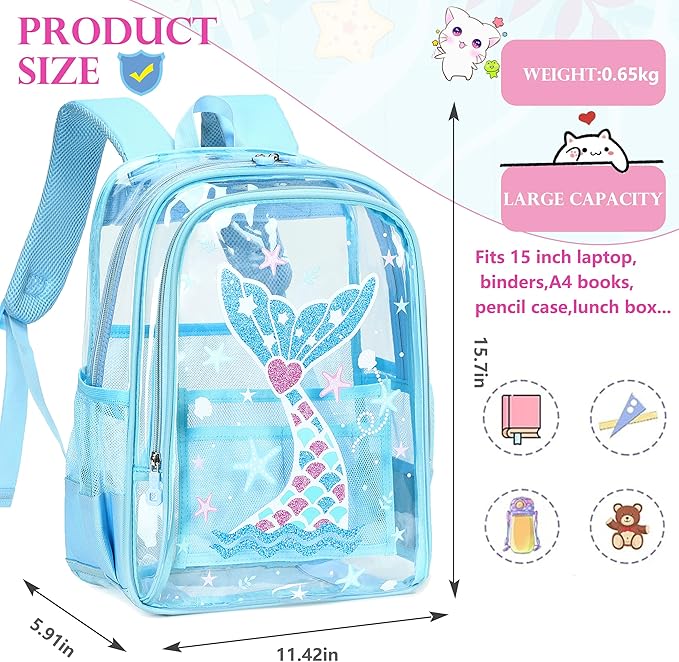 AO ALI VICTORY Clear Backpack for School,PVC Transparent Kids Bookbag for Girls Boys Cute Toddler Back Pack Kindergarten Elementary Schoolbag Stadium Approved See Through Backpacks, Blue Mermaid
